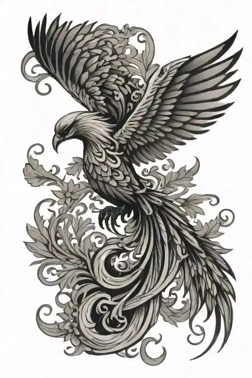 Pheonix With Long Tail Minimal Color And Softer Line Work