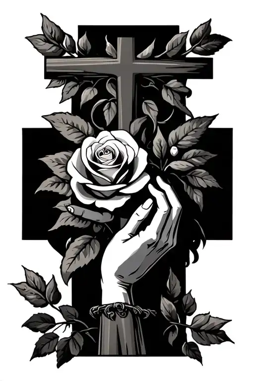 Cross With Rose Backround And Adam And God Hands