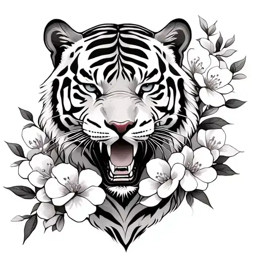 Full Tiger Body With Cherry Blossom Flowers Intertwined