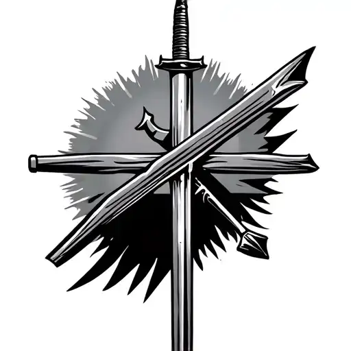 Rifle And Spear Cross With Sun Behind It From Top Right