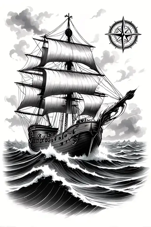 Nautical Compass Ship Sailing Through Stormy Seas