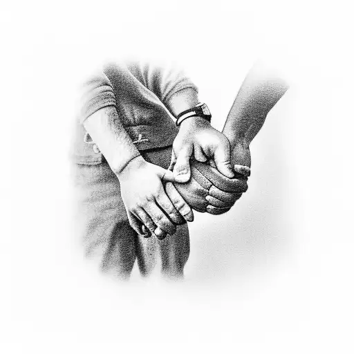 A Heartwarming Black-grey Tattoo Of A Father Holding Hands With His Daughters