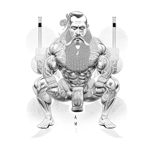 A Muscular Figure Lifting Weights With A Beard Made Of Intricate Religious Patterns