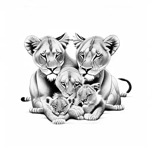 A Black And Grey Tattoo Of A Lioness Cuddling With Her Four Adorable Cubs