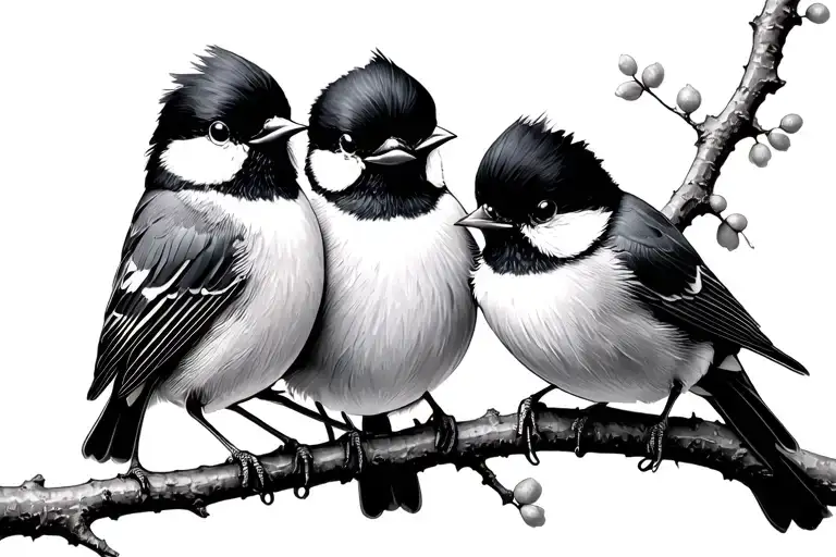 Three Black Capped Chickadees On Branches