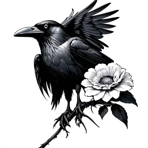 Badass Raven Looking Up While Holding A Flower