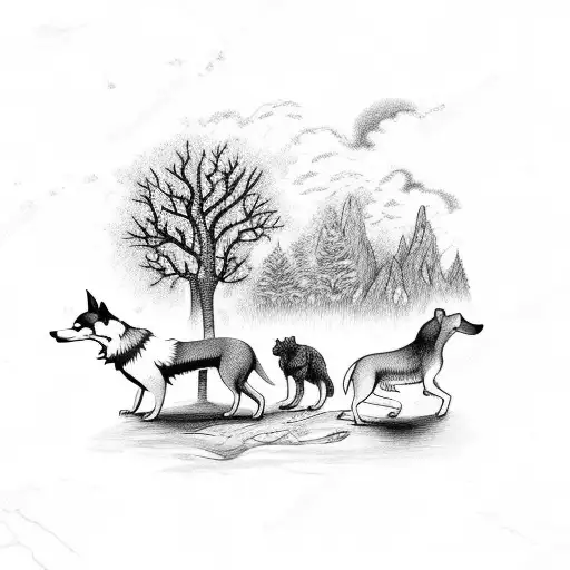 Whimsical Forest Scene With A Dog Leading A Pack Of Wild Animals