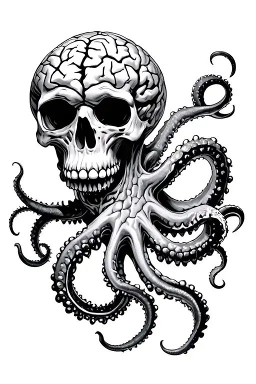 Kraken With Skull Face With Cracked Skull With Brain Made Of Coral