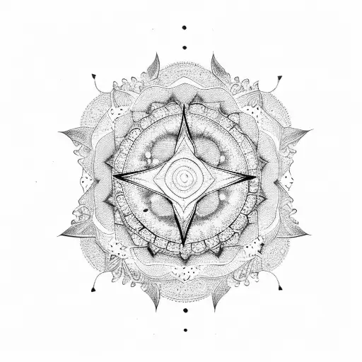 A Dotwork Mandala Design Incorporating Mountain Peaks And A Full Moon At The Center