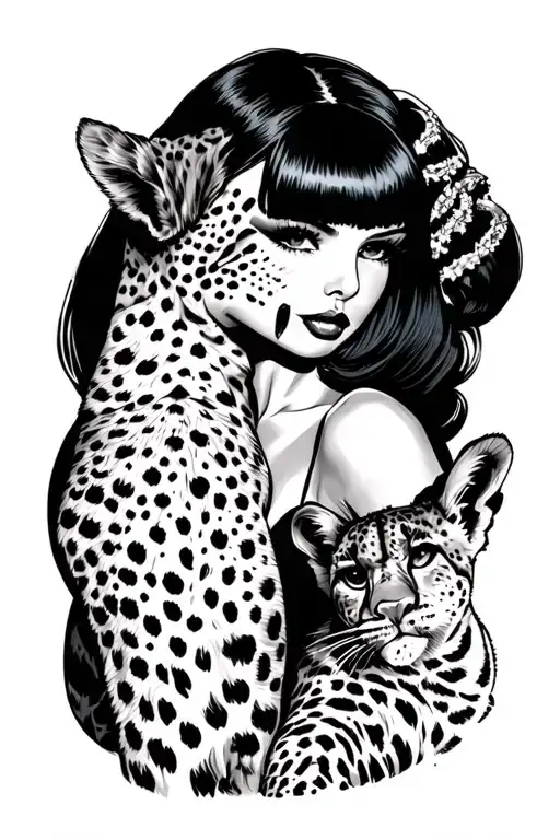 Pinup Girl With Black Bob With A Pet Cheetah