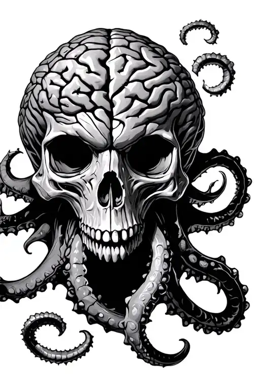 Kraken With Skull Face With Cracked Skull With Brain As Coral