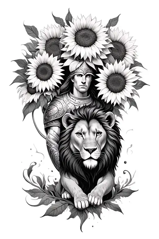 Knight And Lion Surrounded By Sunflowers Emerging