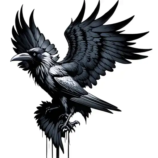 Raven Looking To The Top Left Side With Long Wings