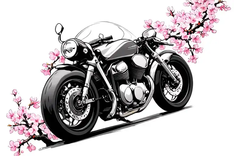 Motorcycle V Twin Engine Surrounded Cherry Blossoms