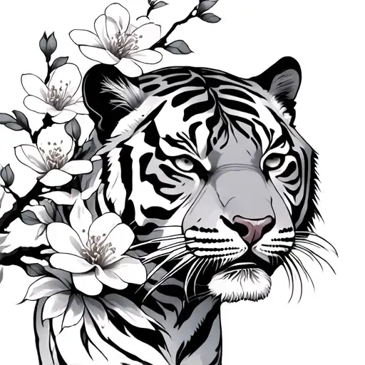 Tiger With Cherry Blossom Flowers Intertwined