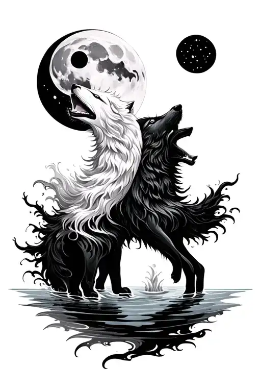 Ying Yang White And Dark Wolves Flowing Water Howling At The Moon
