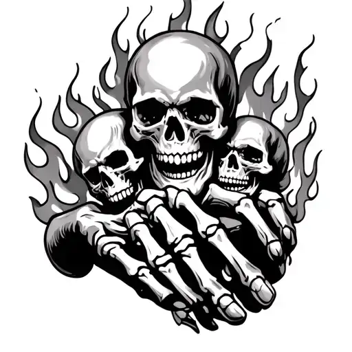 3 Skulls Surrounded By Flames On Hand With Skeleton Fingers