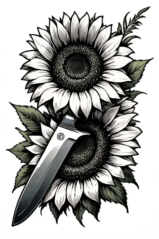 Cleaver Knife And Sunflower Intertwined