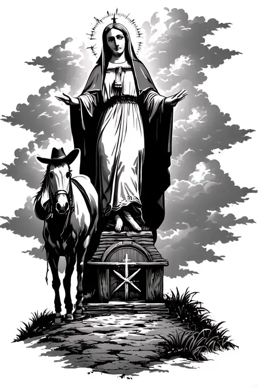 Our Lady Of Aparecida Surrounded By Clouds Next To A Cowboy At Her Shrine