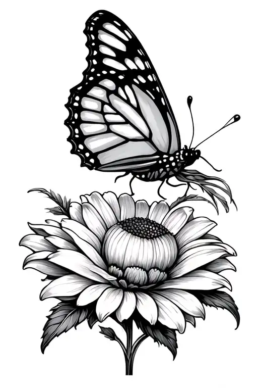 Fine Line Tattoo Of A Butterfly On A Marigold Flower