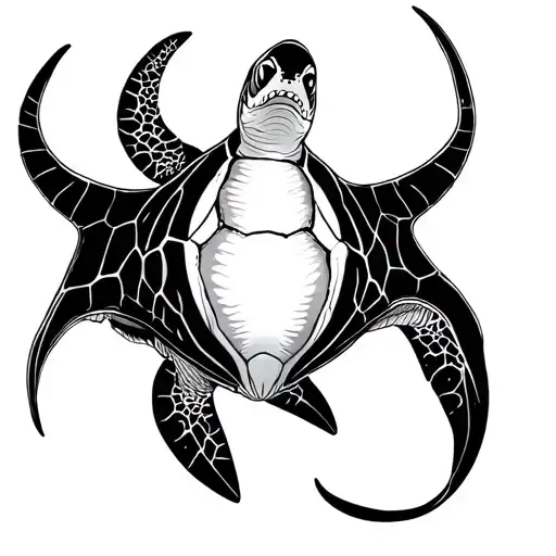 Sea Turtle Inside Of A Manta Ray And The Shark As A Tail