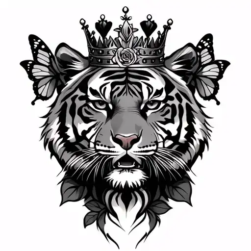 Fierce Queen Tiger Wearing A Crown With A Rose And A Butterfly