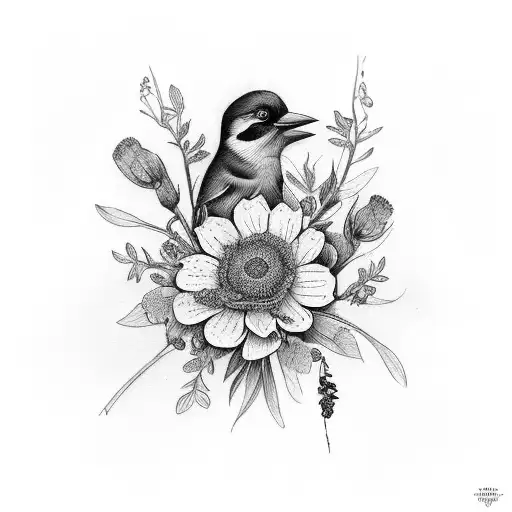 A Beautiful Bouquet Of Flowers With Birds Perched On Each Stem
