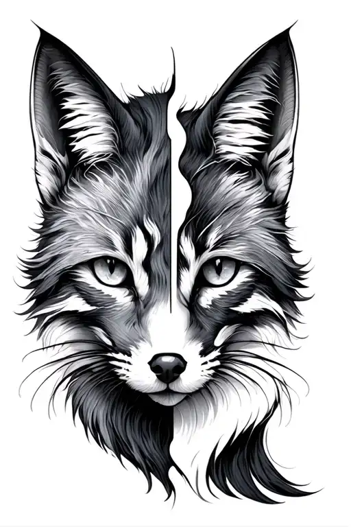 Half Fox Half Cat Face Divided Line