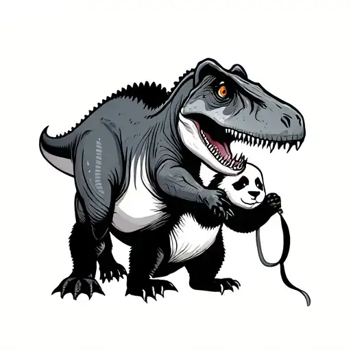 T-rex On A Leash By A Panda Holding