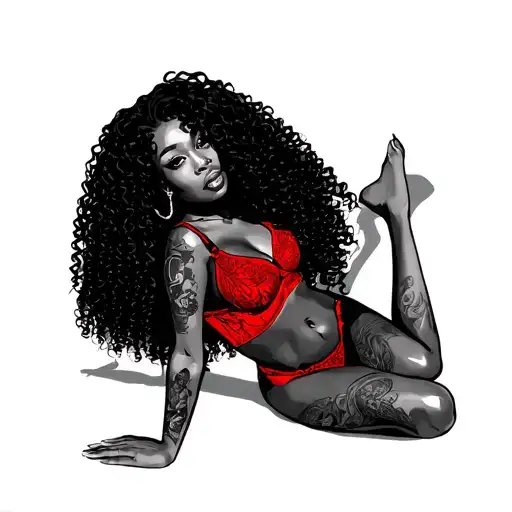 Black Woman In Red Lingerie Posing Full Body Curly Hair Legs Crossed Laying Down