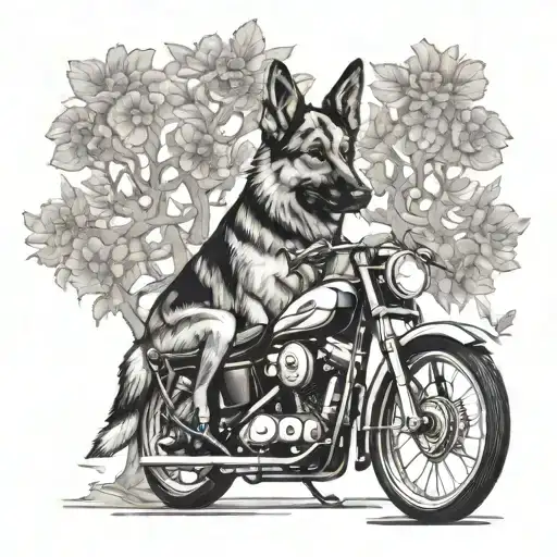 Create A Family Tree With Motorcycle Parts As Branches And A German Shepherd Sitting At The Base