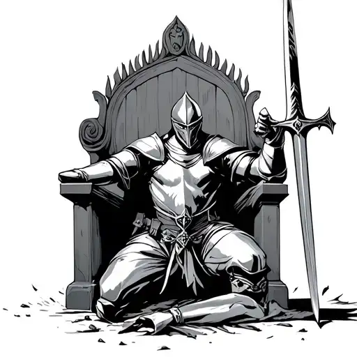 Fallen Knight Kneeling To Empty Throne In Front Of Him About 20 Feet Holding A Broken Sword
