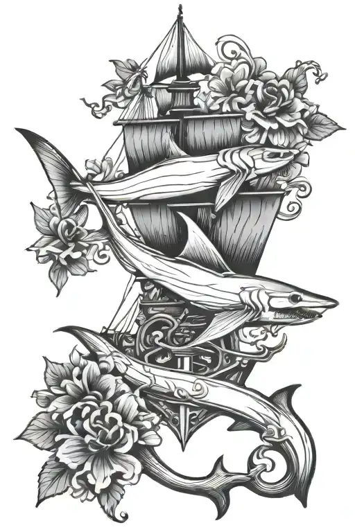 Hammerhead Shark And Ship Anchor And Flowers Intertwined