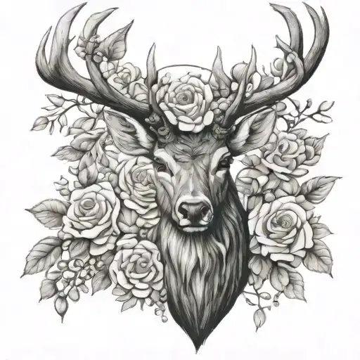 A Black-grey Tattoo Of A Majestic Stag Surrounded By Roses And Wisteria