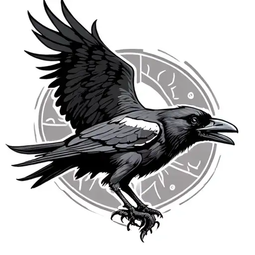 Raven Looking Up With One Wing Open