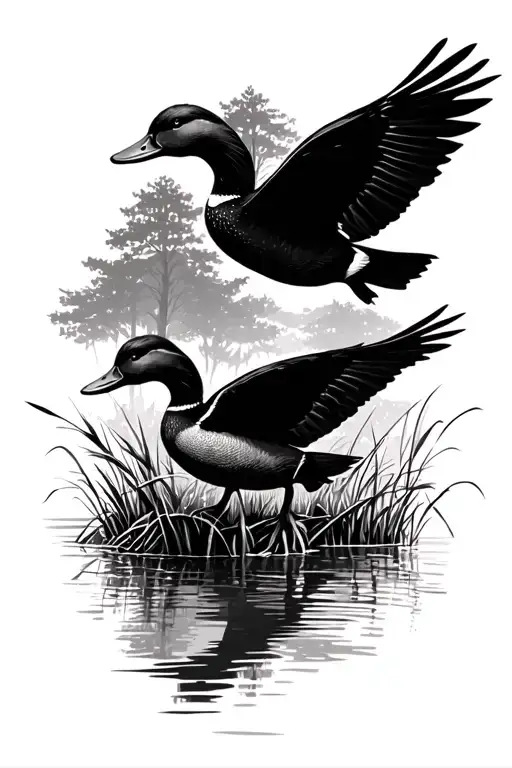 Ducks Flying Over Water With Trees And Sticks And Tall Grass