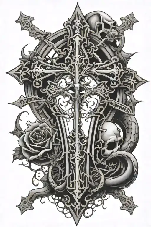 Gothic Cross With A Snake Wrapped Around If And Small Skeletons Crawling Towards It At The Base