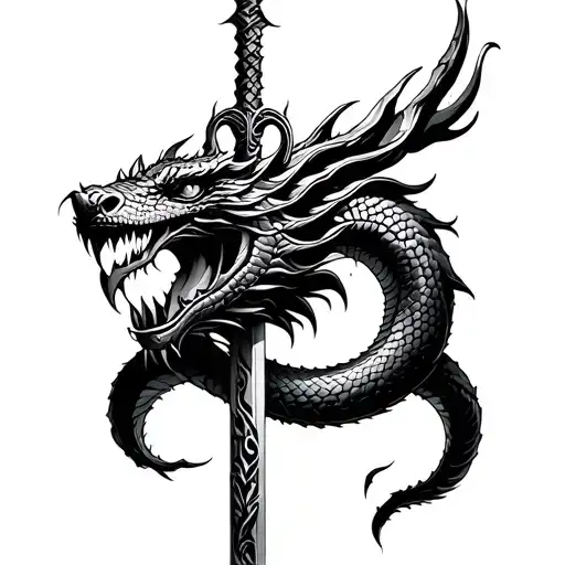 Black And Grey Cyber Sigillism Trident With A Snake Dragon Face Coiling It Turning Into A Rukdraksh