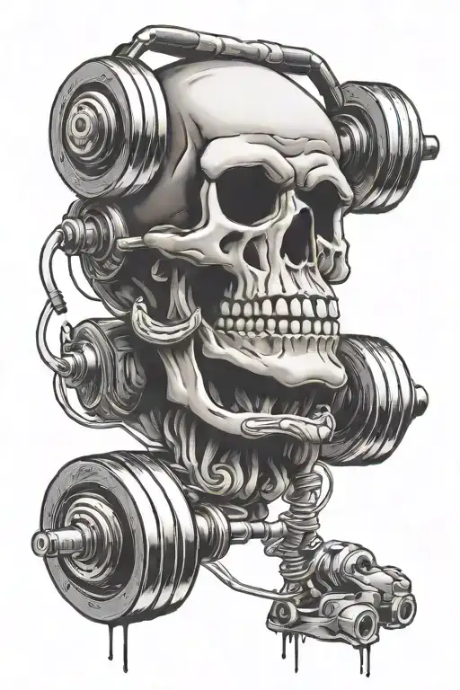 Dumbell Weight And Overthinking Skull Wearing Headphones