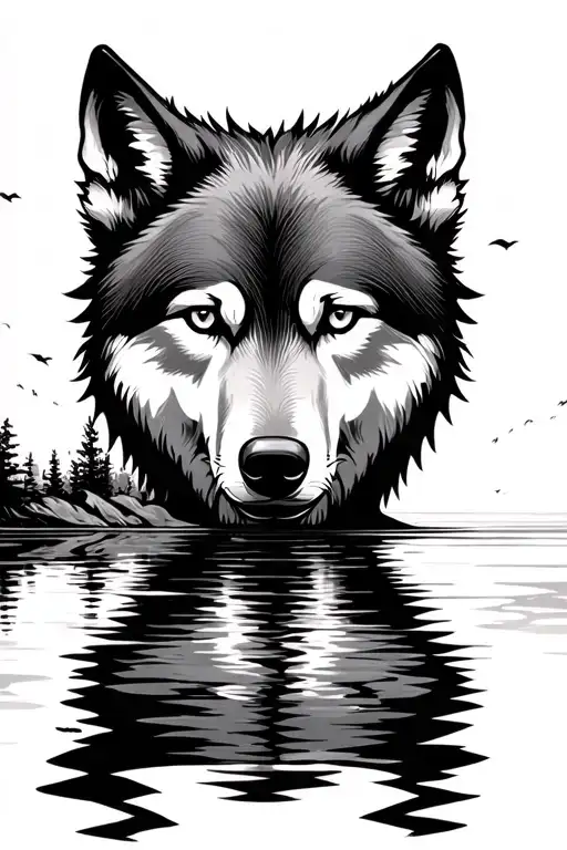 Wolf Face Staring Into Water Reflection