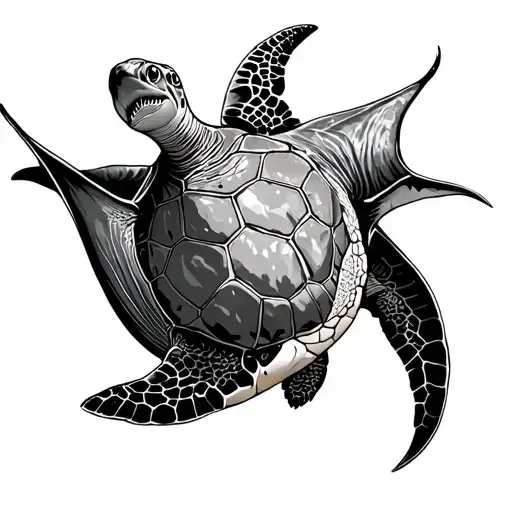 Sea Turtle Inside Of A Manta Ray And The Shark As A Tail