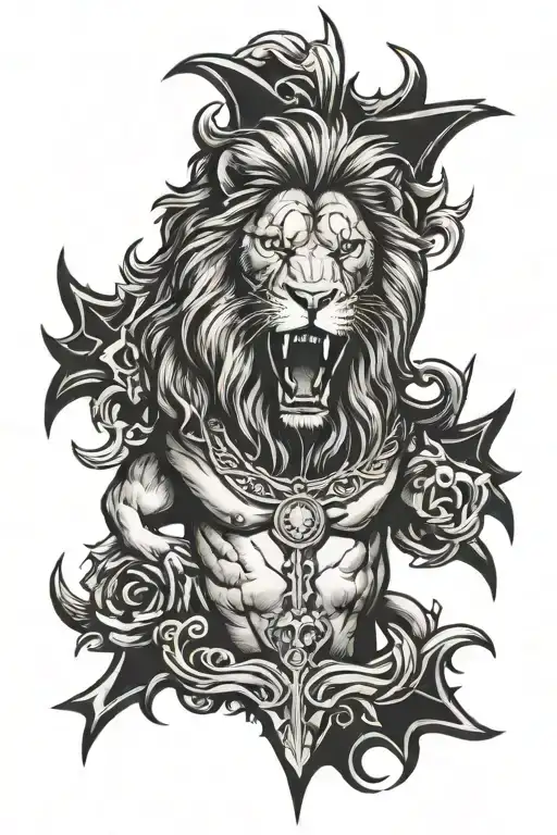 A Lion Roaring Standing Underneath The Cross Of Jesus Christ