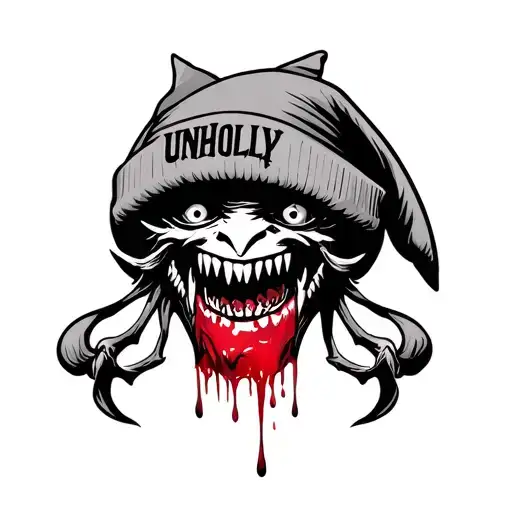Demon Face With Black Eyes And Sharp Teeth And Beanie That Says Unholy With Blood Drip From Teeth