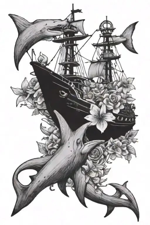 Hammerhead Shark And Ship Anchor With Flowers