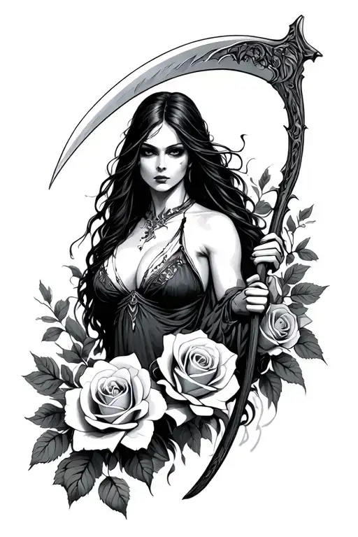 Women Grym Reaper Holding A Scythe With Roses Blooming