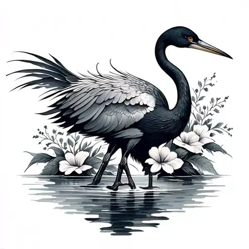 Crane With Water And Flowers