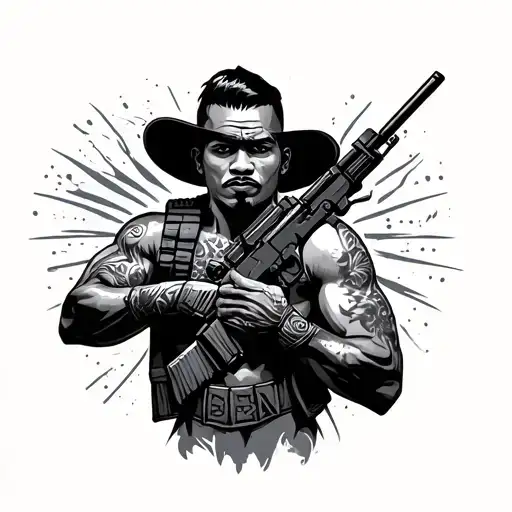 Filipino Mexican Tribal Warior Holding Tequila Military Short Hair With Ar-15