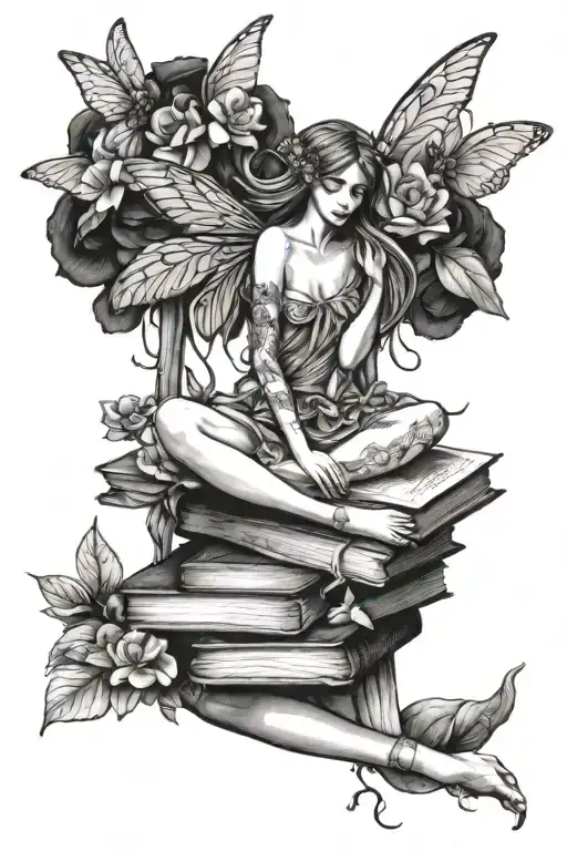 Fairy Sitting On Three Books Surrounded By Florals