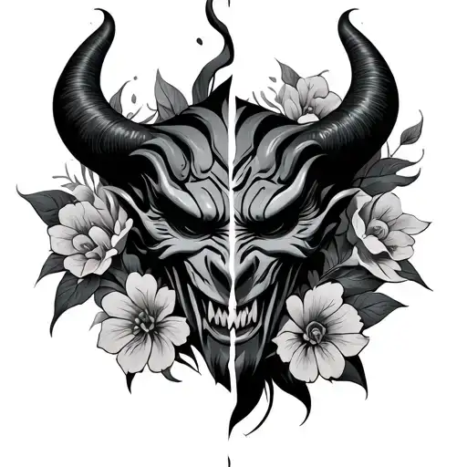 Evil Dark Split Oni Mask With Flowers Inbetween