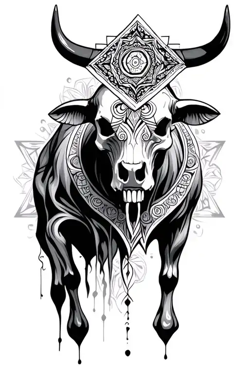 Skull Bull And Geometric Mandala Design Incorporating Elements